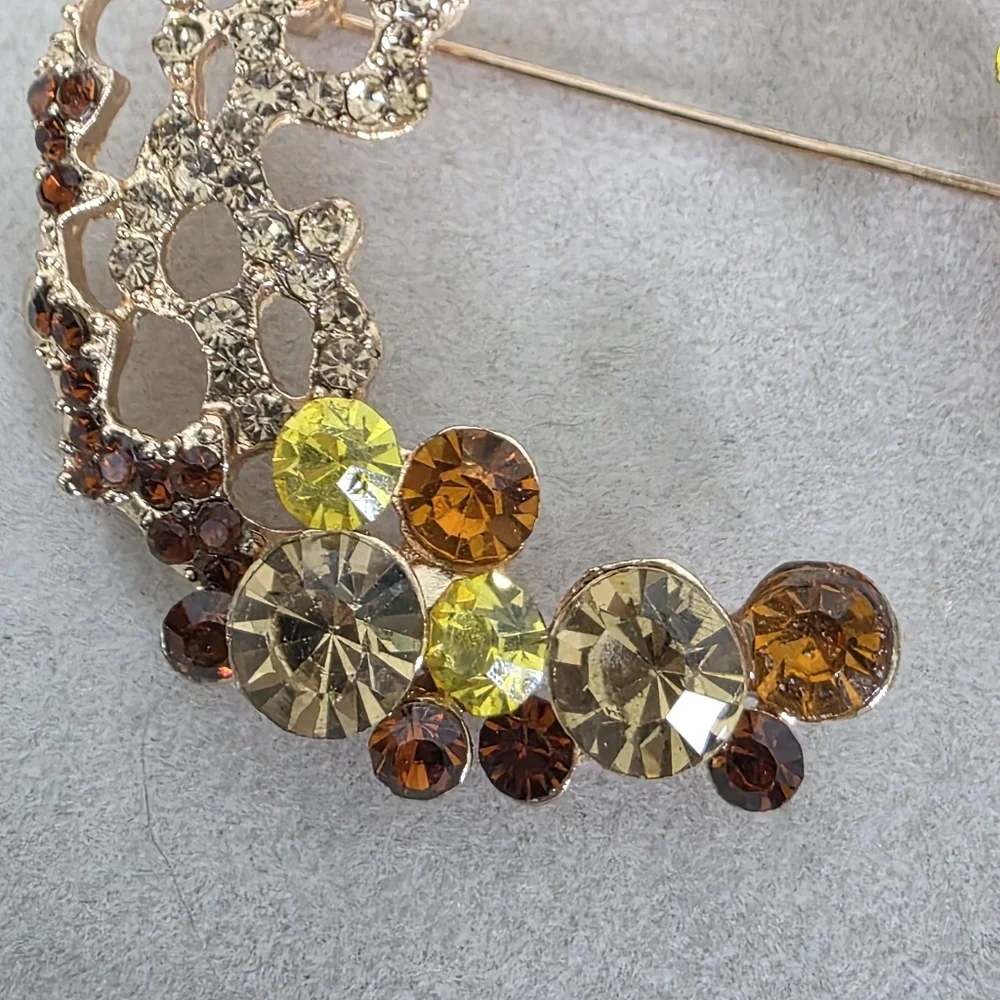 Gold Statement Crescent Moon Brooch Pin Amber Topaz Yellow Rhinestone